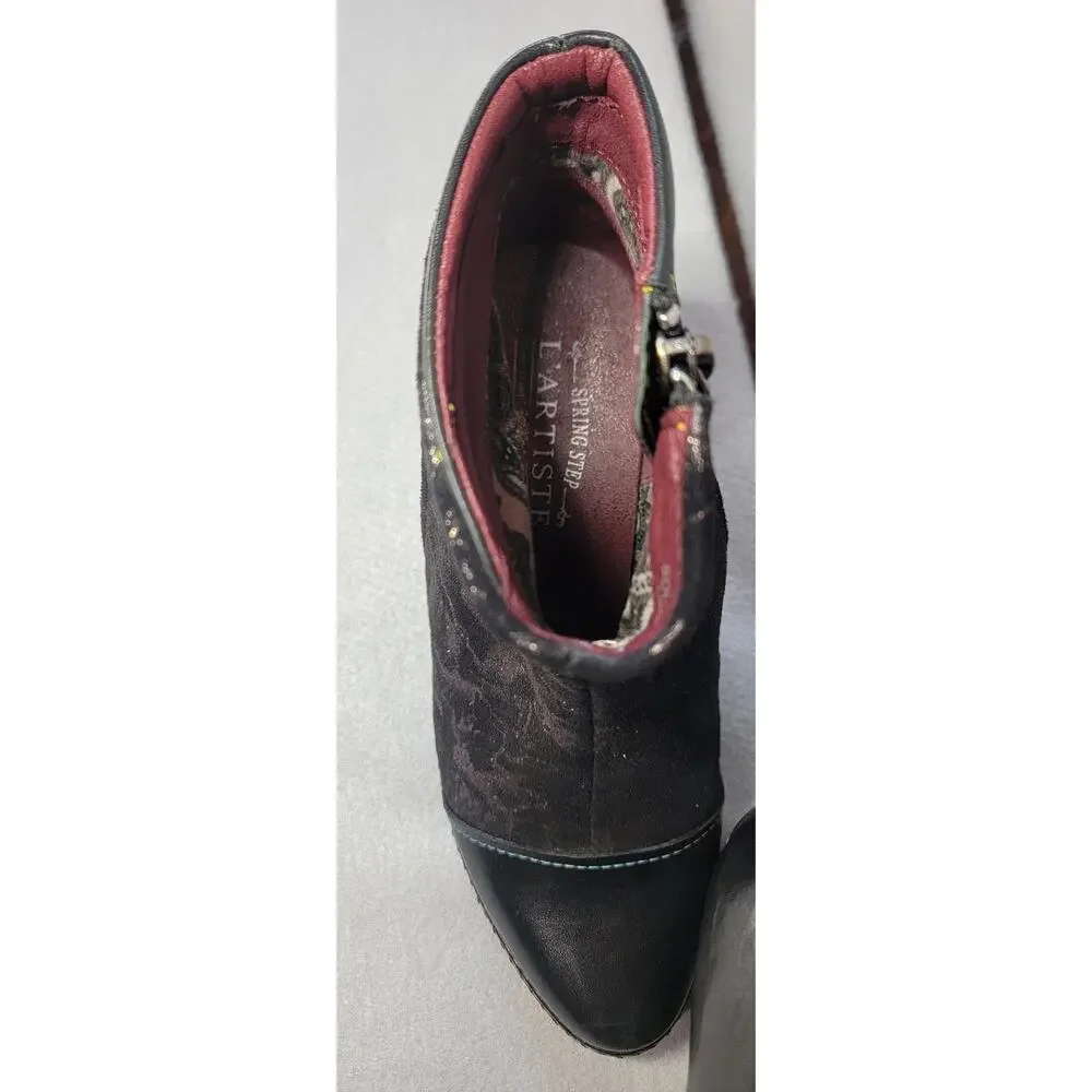 L'Artiste by Spring Step Black Metallic Floral Leather Ankle Boots Sz 37 EU 6.5